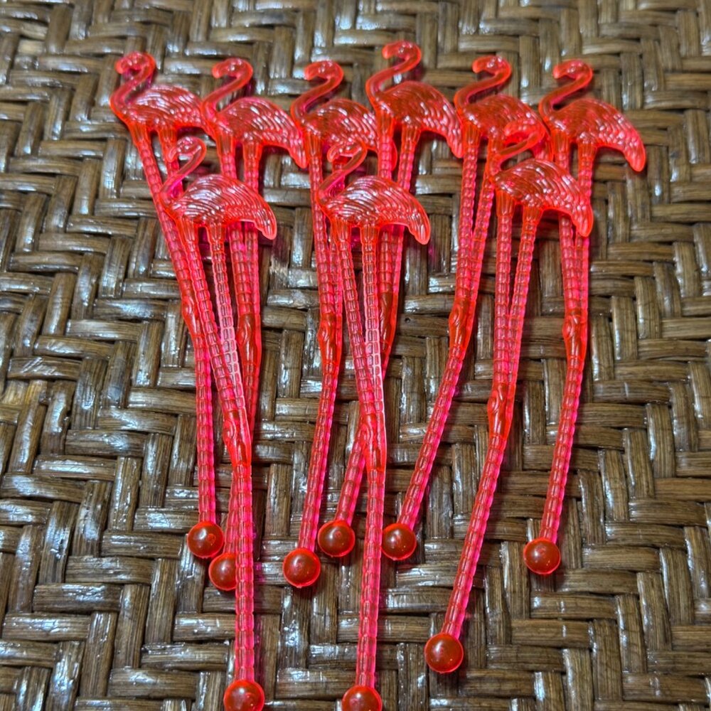 Vintage Neon Pink Flamingo Swizzle Sticks Set Of 9